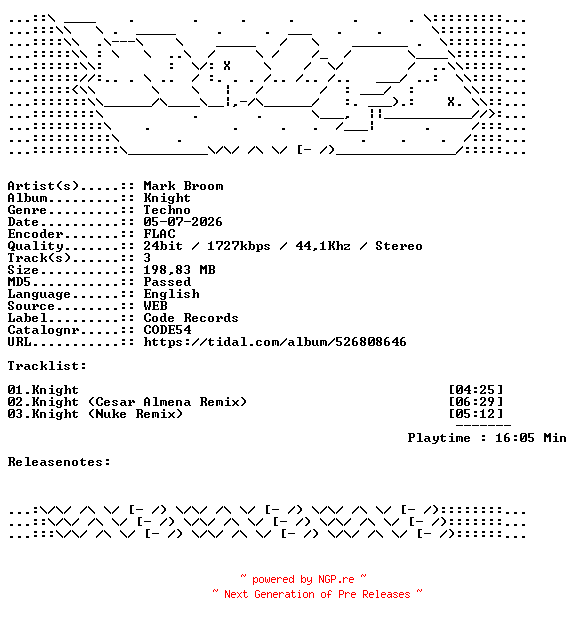 NFO for the release Mark_Broom-Knight-CODE54-24BIT-WEB-FLAC-2026-WAVED by WAVED