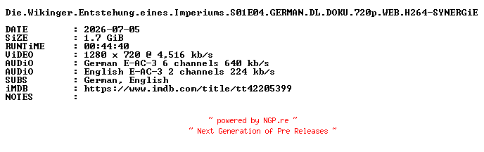 NFO for the release Die.Wikinger.Entstehung.eines.Imperiums.S01E04.GERMAN.DL.DOKU.720p.WEB.H264-SYNERGiE by SYNERGiE