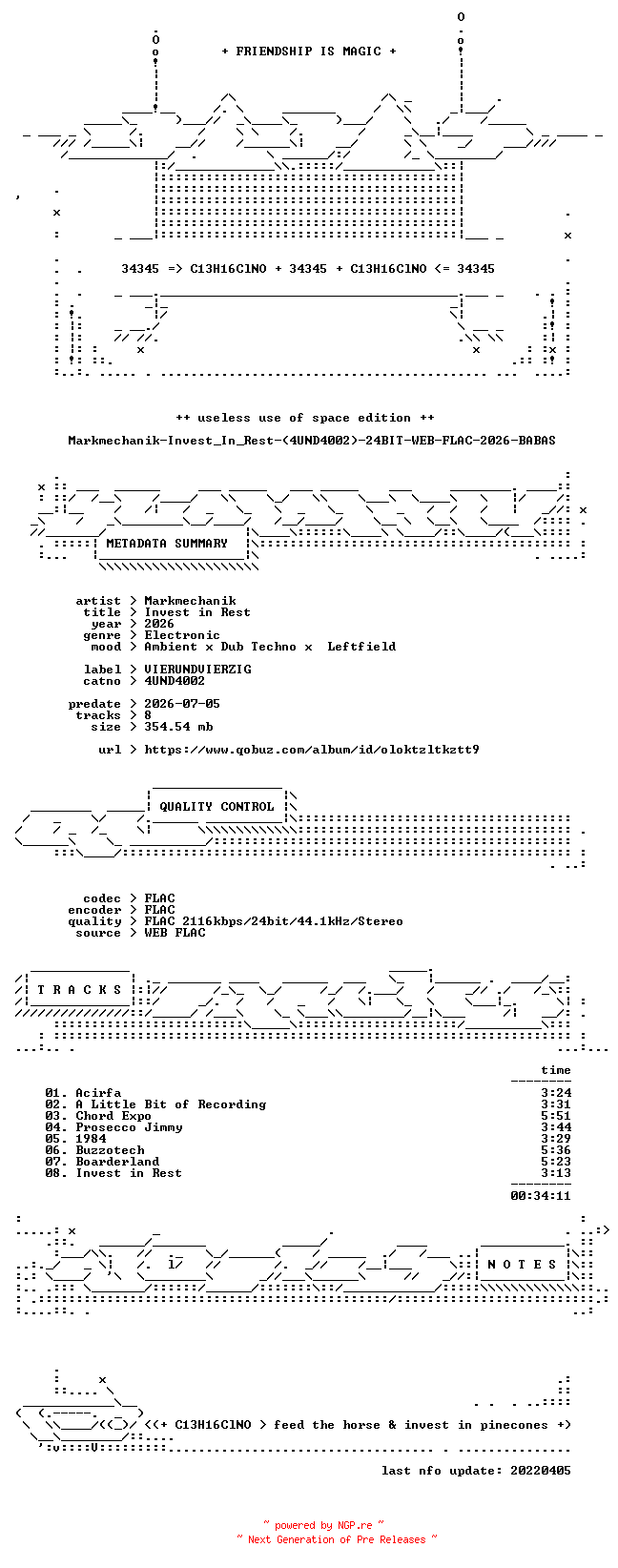 NFO for the release Markmechanik-Invest_In_Rest-(4UND4002)-24BIT-WEB-FLAC-2026-BABAS by BABAS