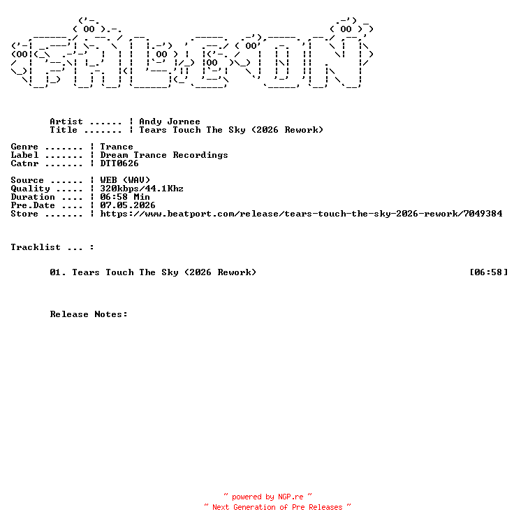 NFO for the release Andy_Jornee-Tears_Touch_The_Sky_2026_Rework-(DTT0626)-SINGLE-WEB-2026-FALCON by FALCON