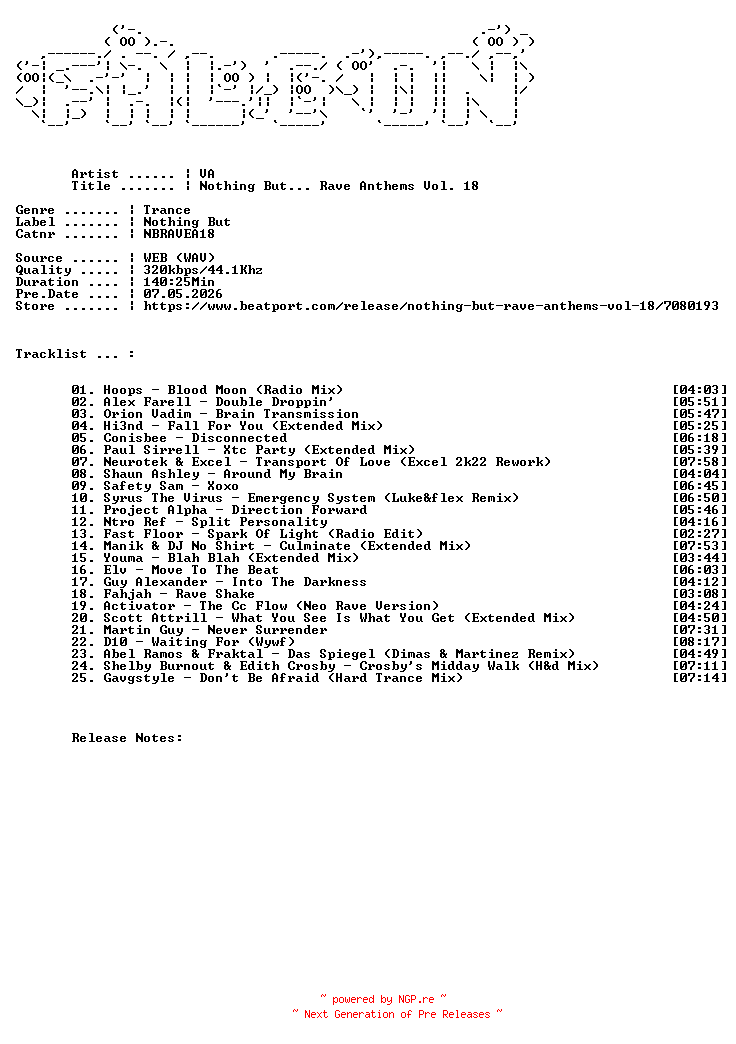NFO for the release VA-Nothing_But____Rave_Anthems_Vol._18-(NBRAVEA18)-WEB-2026-FALCON by FALCON
