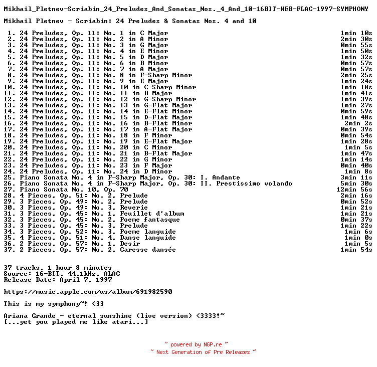 NFO for the release Mikhail_Pletnev-Scriabin_24_Preludes_And_Sonatas_Nos._4_And_10-16BIT-WEB-FLAC-1997-SYMPHONY by SYMPHONY