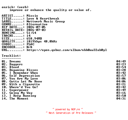 NFO for the release Missio-Love_and_Heartbreak-24BIT-WEB-FLAC-2026-ENRiCH by ENRiCH