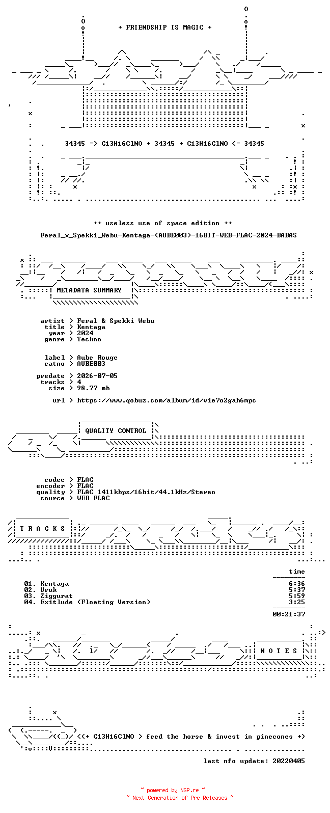 NFO for the release Feral_x_Spekki_Webu-Kentaga-(AUBE003)-16BIT-WEB-FLAC-2024-BABAS by BABAS