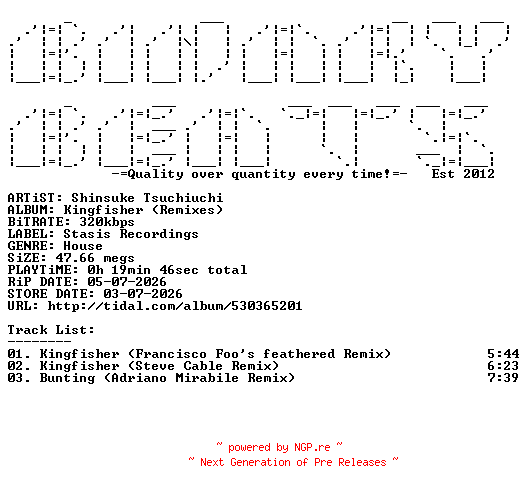 NFO for the release Shinsuke_Tsuchiuchi-Kingfisher_(Remixes)-(SR087)-WEB-2026-BB by BB