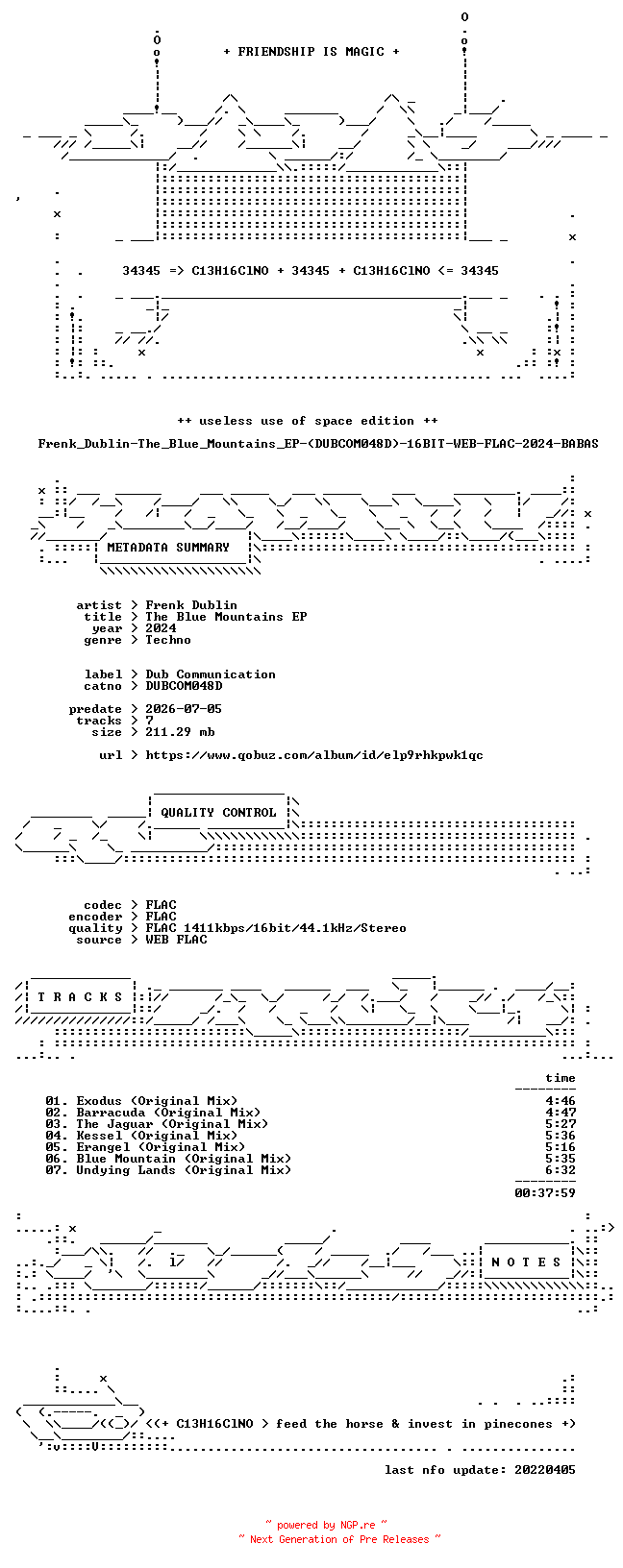 NFO for the release Frenk_Dublin-The_Blue_Mountains_EP-(DUBCOM048D)-16BIT-WEB-FLAC-2024-BABAS by BABAS