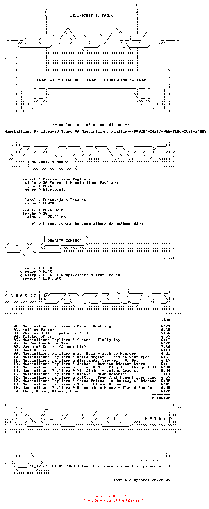 NFO for the release Massimiliano_Pagliara-20_Years_Of_Massimiliano_Pagliara-(FV028)-24BIT-WEB-FLAC-2026-BABAS by BABAS