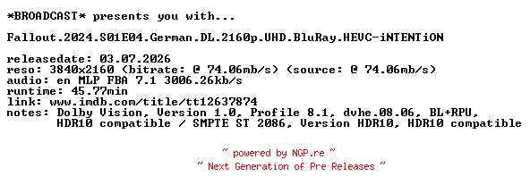 NFO for the release Fallout.2024.S01E04.German.DL.2160p.UHD.BluRay.HEVC-iNTENTiON by iNTENTiON