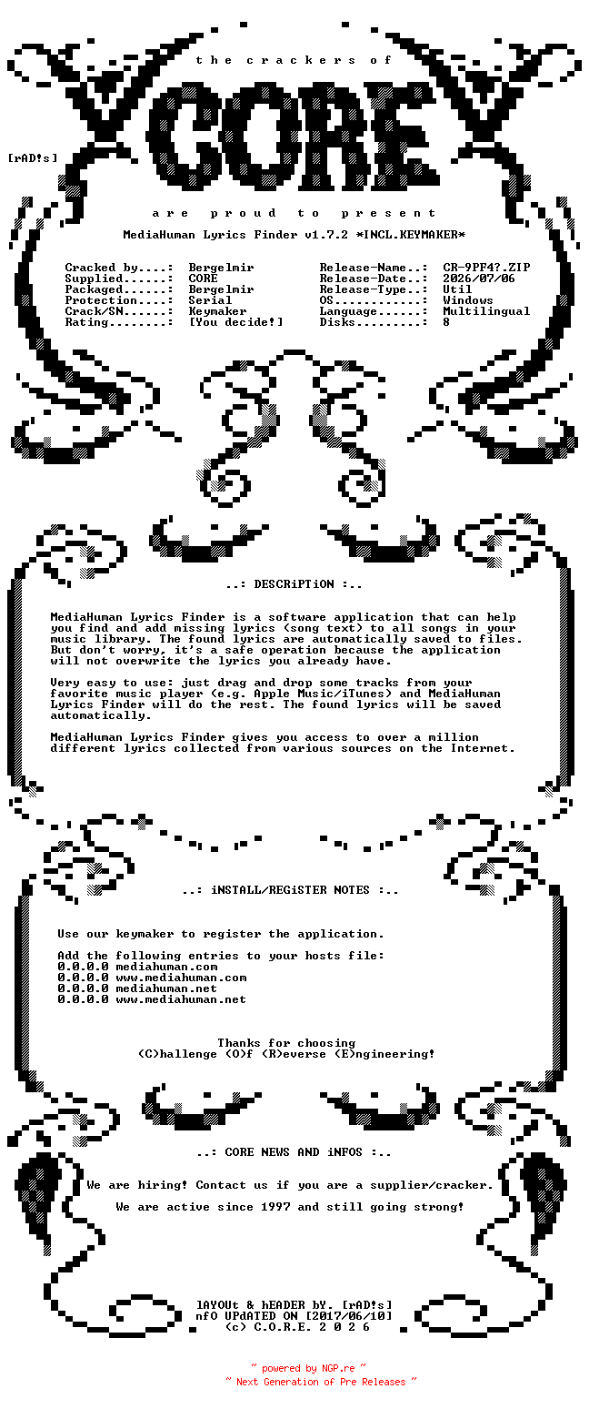 NFO for the release MediaHuman.Lyrics.Finder.v1.7.2.Multilingual.Incl.Keymaker-CORE by CORE