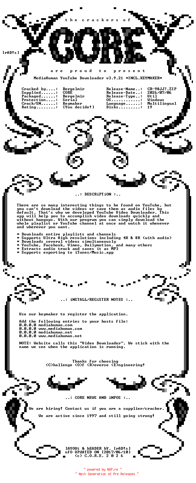 NFO for the release MediaHuman.YouTube.Downloader.v3.9.21.x64.Multilingual.Incl.Keymaker-CORE by CORE