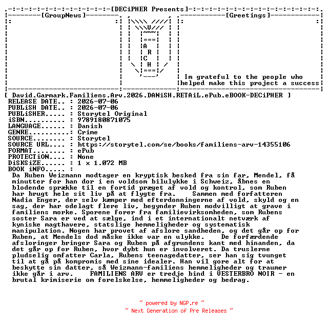 NFO for the release David.Garmark.Familiens.Arv.2026.DANiSH.RETAiL.ePub.eBOOK-DECiPHER by DECiPHER