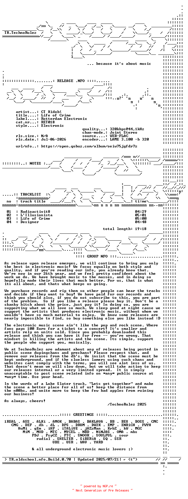 NFO for the release CT_Kidobo-Life_of_Crime-(RET018)-WEB-2026-TR by TR
