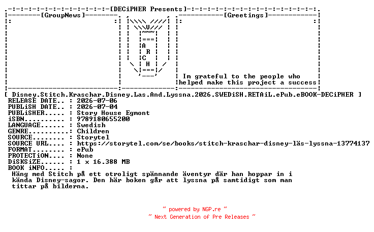 NFO for the release Disney.Stitch.Kraschar.Disney.Las.And.Lyssna.2026.SWEDiSH.RETAiL.ePub.eBOOK-DECiPHER by DECiPHER