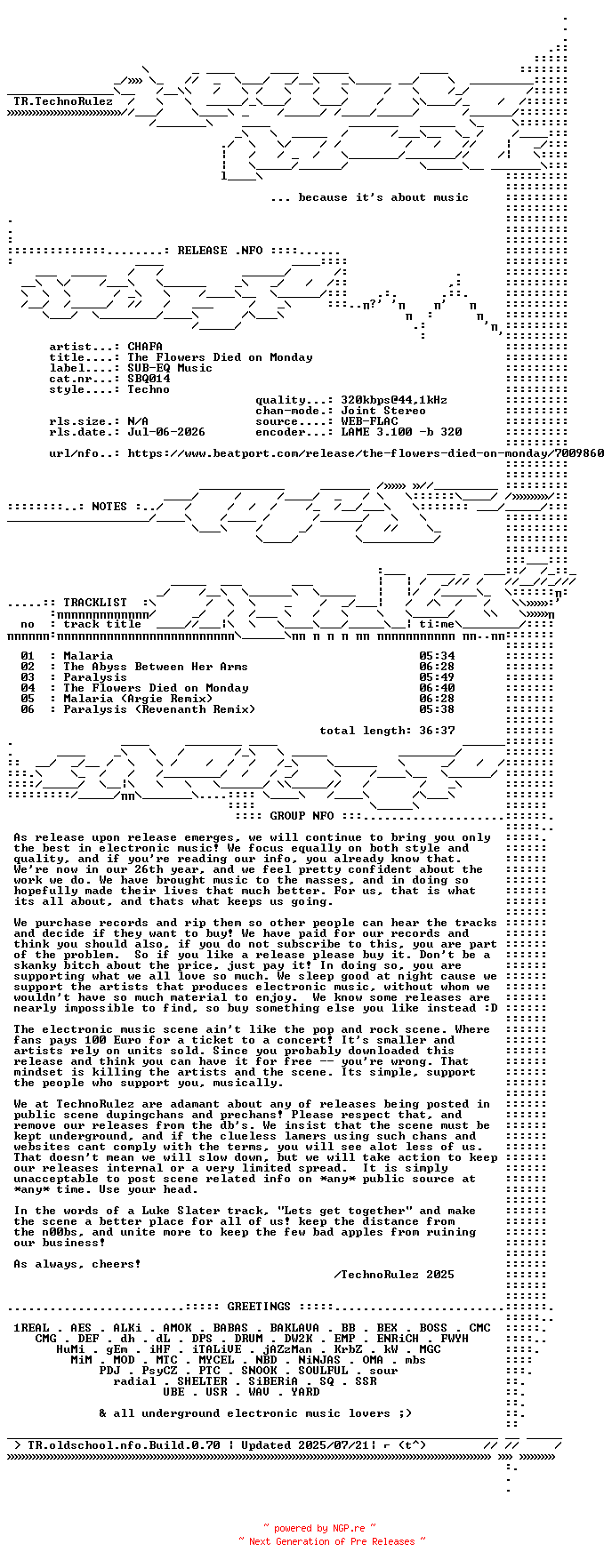 NFO for the release CHAFA-The_Flowers_Died_on_Monday-(SBQ014)-WEB-2026-TR by TR