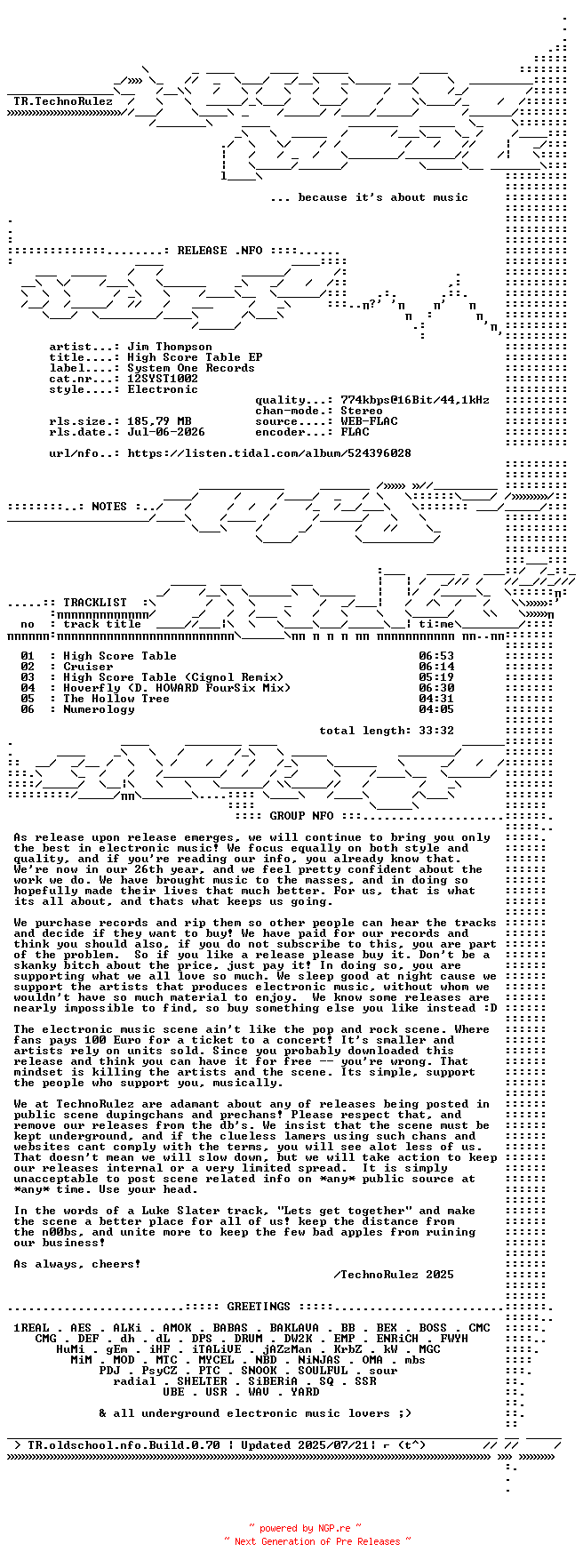 NFO for the release Jim_Thompson-High_Score_Table_EP-(12SYST1002)-16BIT-WEB-FLAC-2026-TR by TR
