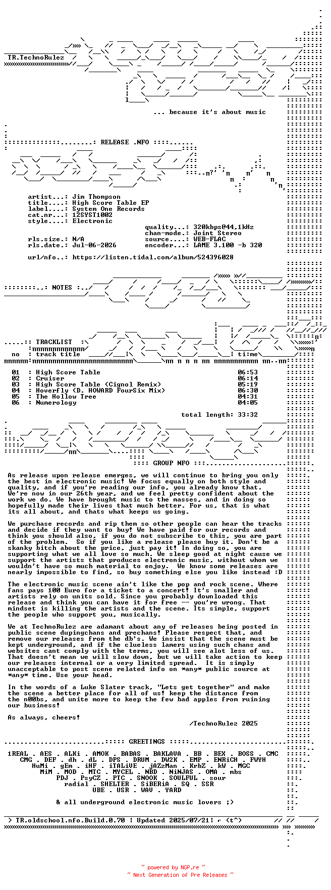NFO for the release Jim_Thompson-High_Score_Table_EP-(12SYST1002)-WEB-2026-TR by TR