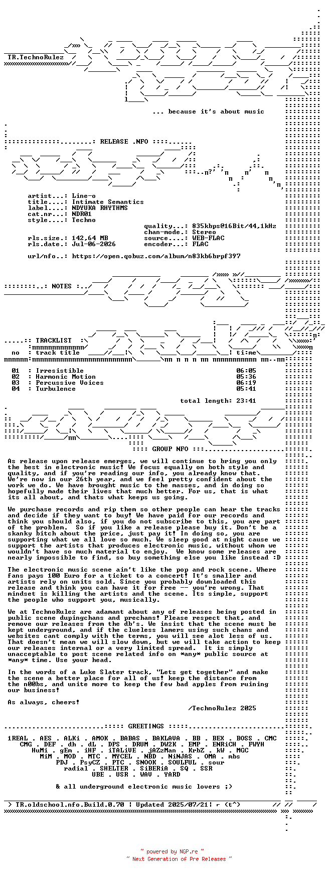 NFO for the release Line-o-Intimate_Semantics-(NDR01)-16BIT-WEB-FLAC-2026-TR by TR