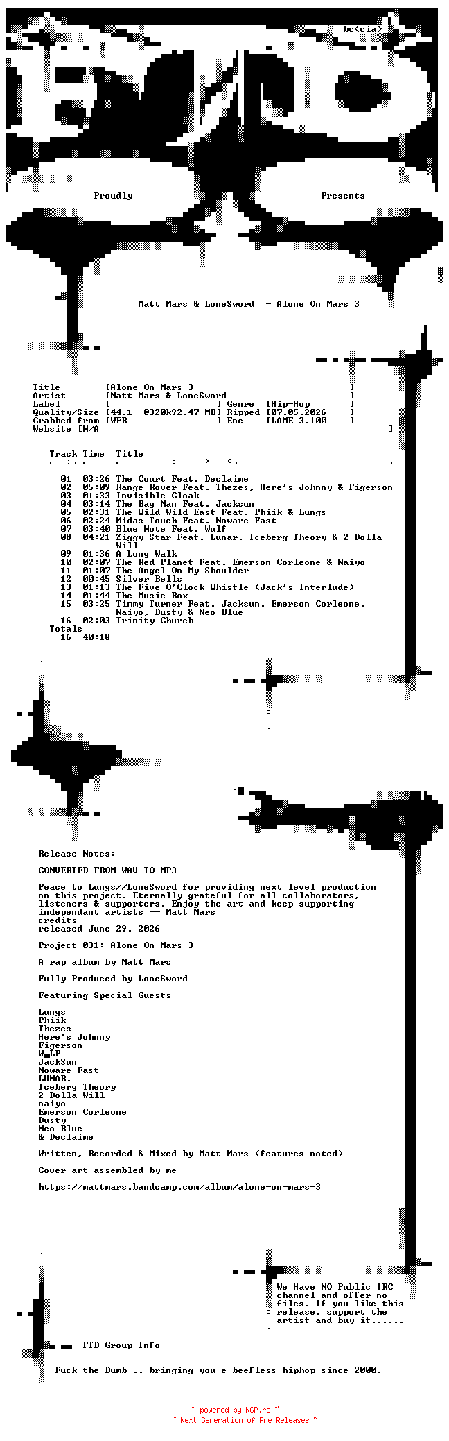 NFO for the release Matt_Mars_and_LoneSword-Alone_On_Mars_3-WEB-2026-FTD by FTD