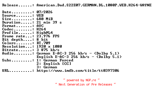 NFO for the release American.Dad.S22E07.GERMAN.DL.1080P.WEB.H264-WAYNE by WAYNE