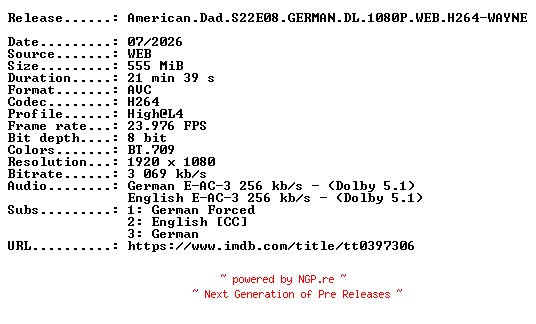 NFO for the release American.Dad.S22E08.GERMAN.DL.1080P.WEB.H264-WAYNE by WAYNE