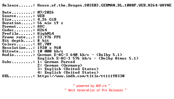 NFO for the release House.of.the.Dragon.S03E03.GERMAN.DL.1080P.WEB.H264-WAYNE by WAYNE