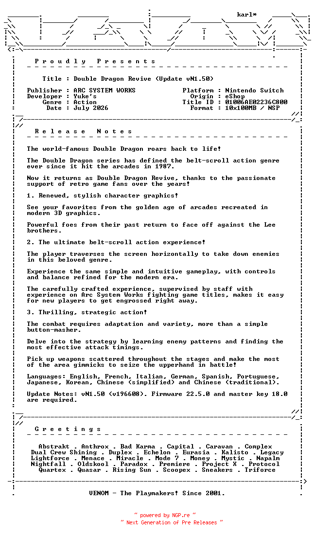 NFO for the release Double_Dragon_Revive_Update_vN1.50_NSW-VENOM by VENOM