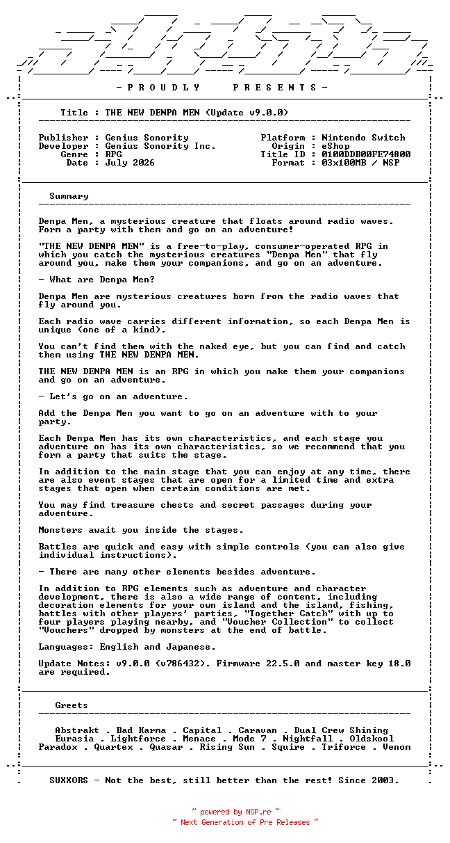 NFO for the release THE_NEW_DENPA_MEN_Update_v9.0.0_INTERNAL_NSW-SUXXORS by SUXXORS