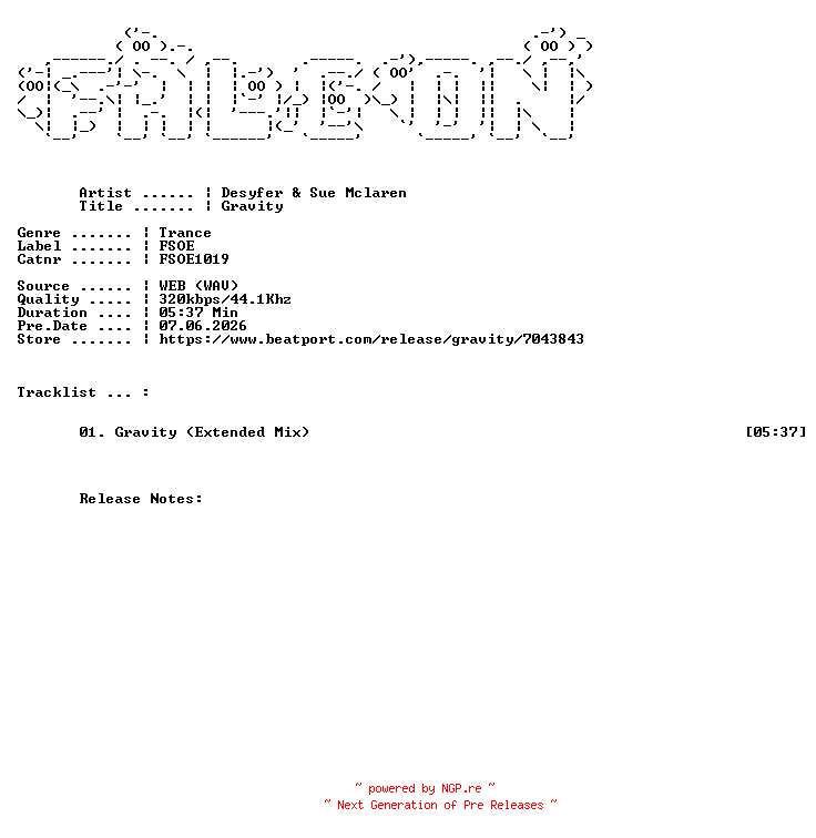 NFO for the release Desyfer_And_Sue_Mclaren-Gravity-(FSOE1019)-SINGLE-WEB-2026-FALCON by FALCON