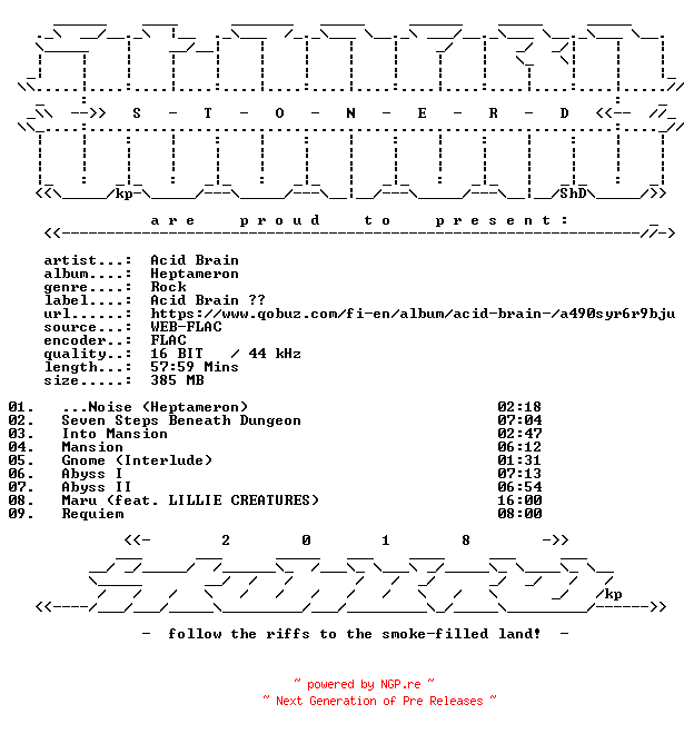 NFO for the release Acid_Brain-Heptameron-16BIT-WEB-FLAC-2026-STONERD by STONERD