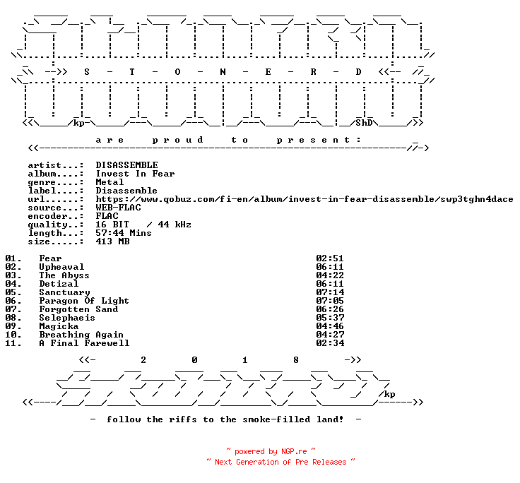 NFO for the release DISASSEMBLE-Invest_In_Fear-16BIT-WEB-FLAC-2026-STONERD by STONERD