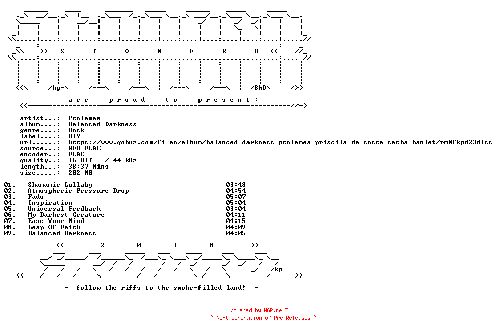 NFO for the release Ptolemea-Balanced_Darkness-16BIT-WEB-FLAC-2023-STONERD by STONERD