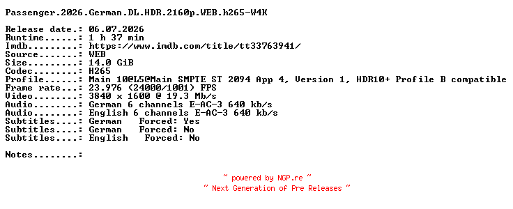 NFO for the release Passenger.2026.German.DL.HDR.2160p.WEB.h265-W4K by W4K