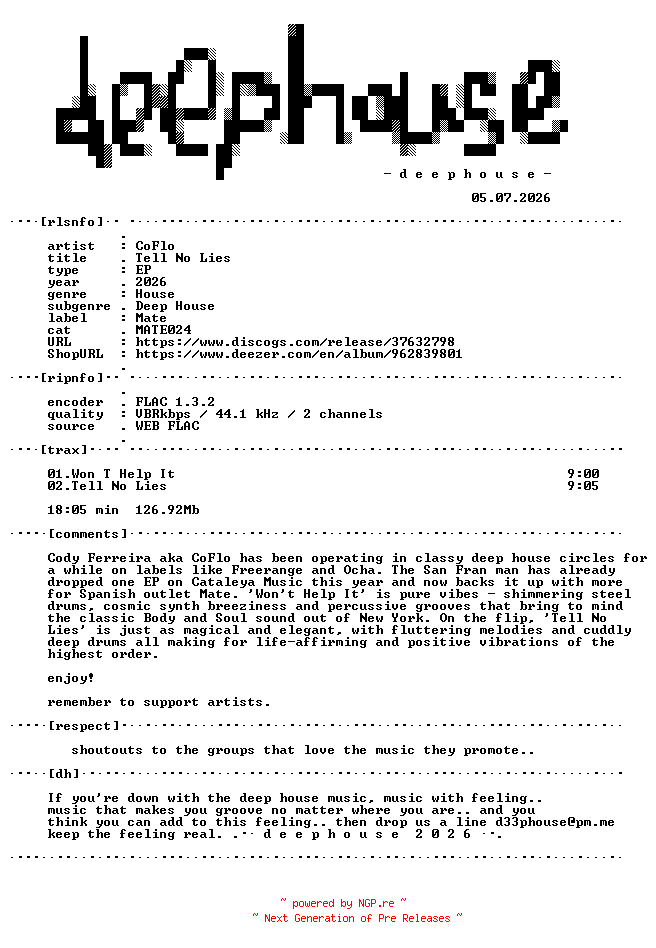 NFO for the release Coflo-Tell_No_Lies-(MATE024)-16BIT-WEB-FLAC-2026-dh by dh