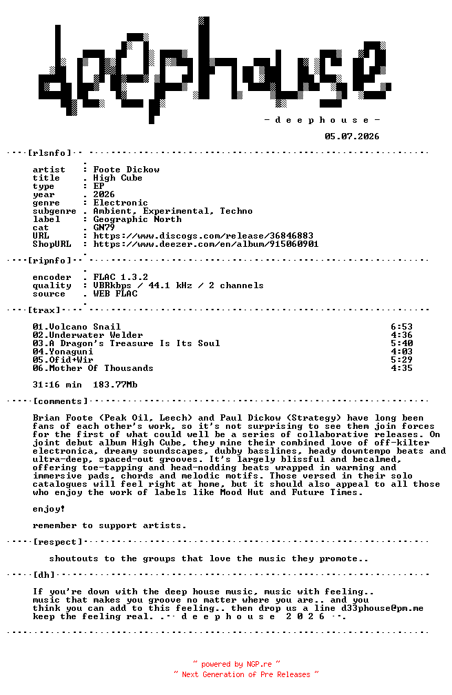 NFO for the release Foote_Dickow-High_Cube-(GN79)-16BIT-WEB-FLAC-2026-dh by dh
