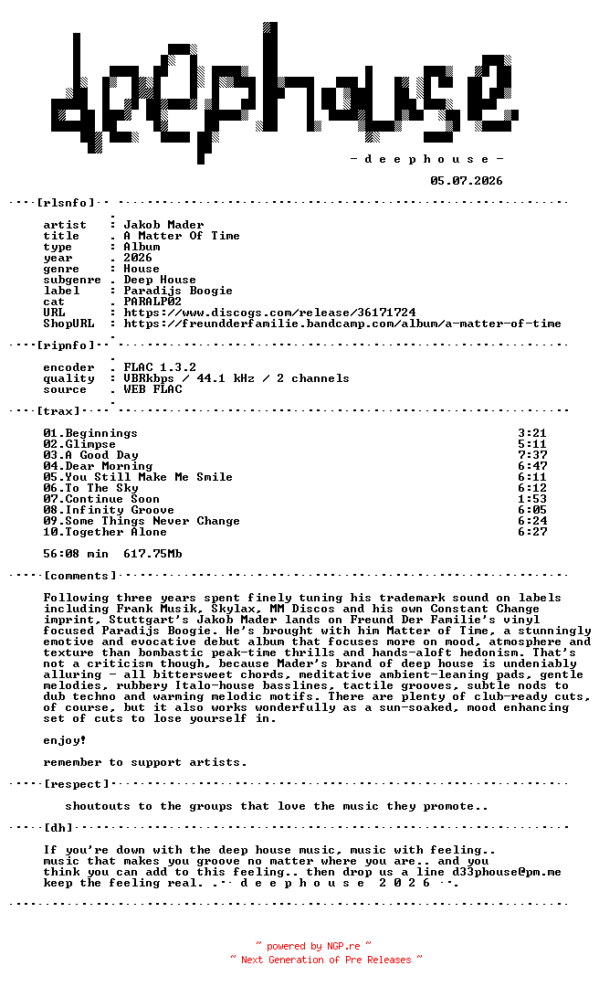 NFO for the release Jakob_Mader-A_Matter_Of_Time-(PARALP02)-24BIT-WEB-FLAC-2026-dh by dh