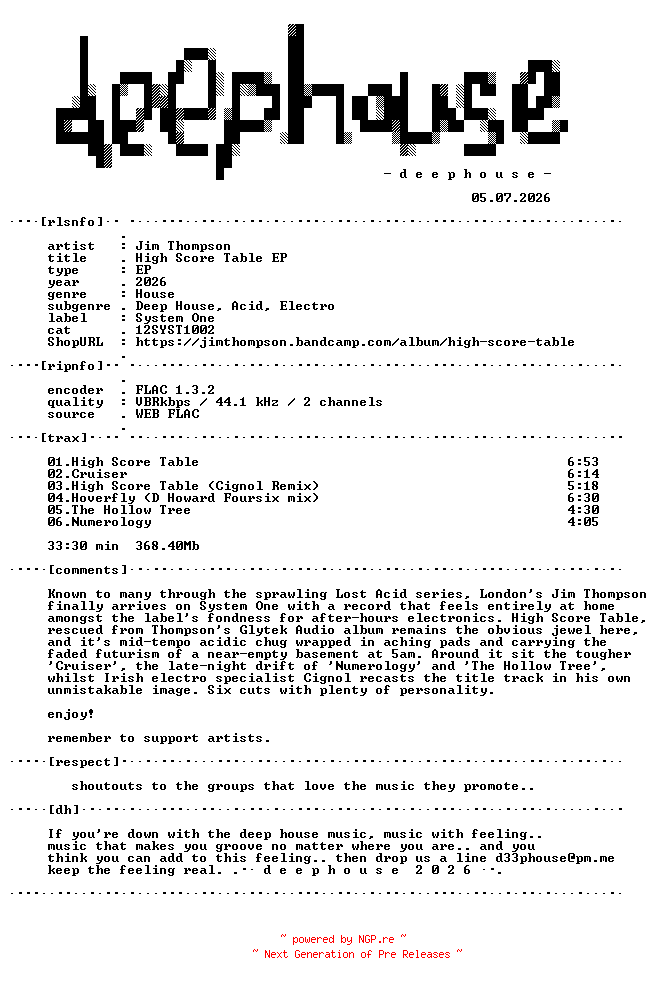 NFO for the release Jim_Thompson-High_Score_Table_EP-(12SYST1002)-24BIT-WEB-FLAC-2026-dh by dh