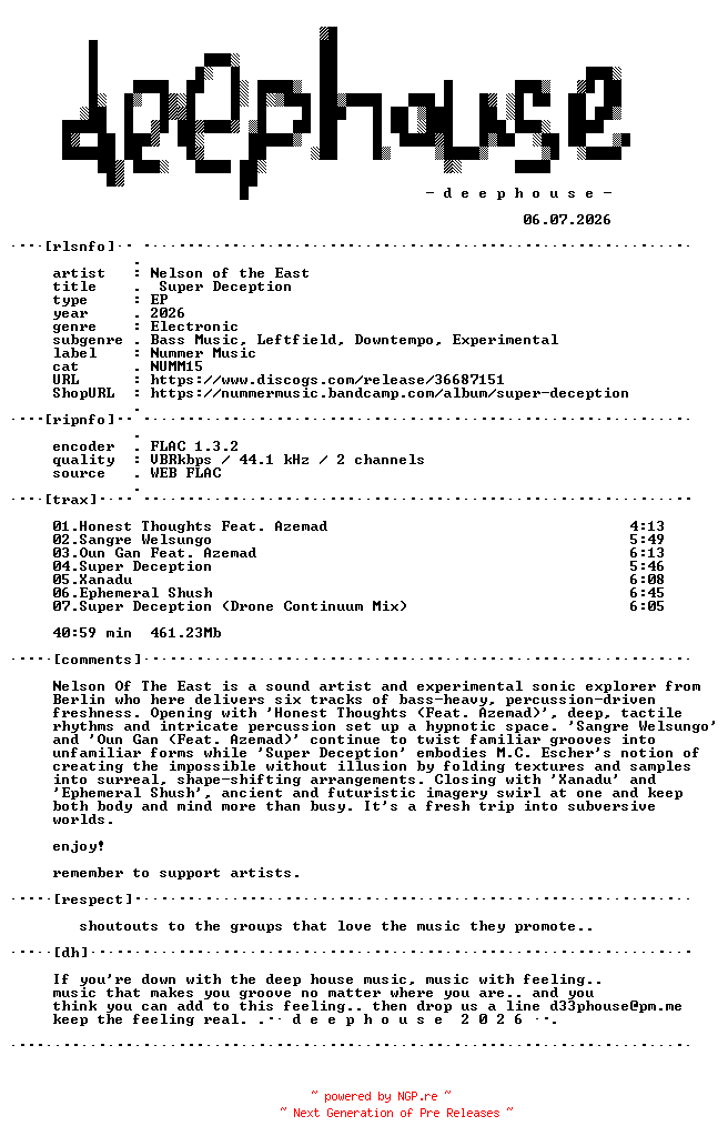 NFO for the release Nelson_Of_The_East-Super_Deception-(NUMM15)-24BIT-WEB-FLAC-2026-dh by dh