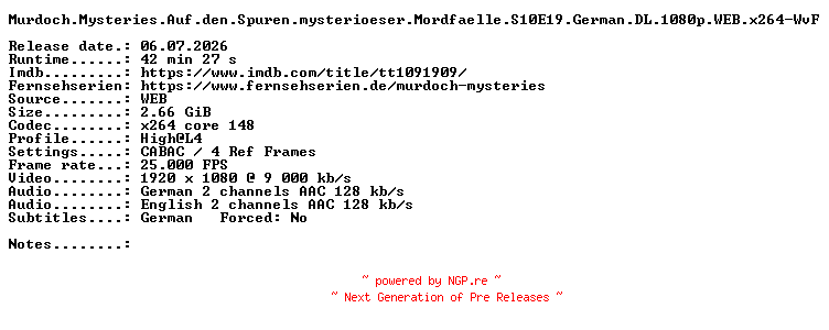NFO for the release Murdoch.Mysteries.Auf.den.Spuren.mysterioeser.Mordfaelle.S10E19.German.DL.1080p.WEB.x264-WvF by WvF