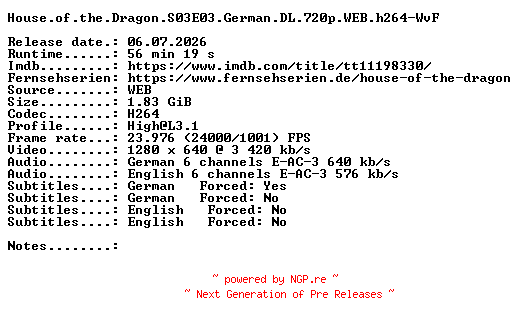 NFO for the release House.of.the.Dragon.S03E03.German.DL.720p.WEB.h264-WvF by WvF