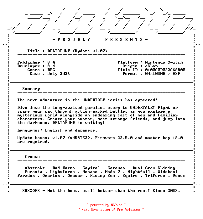 NFO for the release DELTARUNE_Update_v1.07_NSW-SUXXORS by SUXXORS