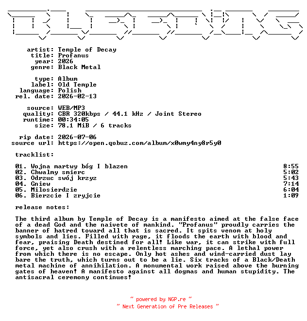 NFO for the release Temple_of_Decay-Profanus-PL-WEB-2026-BLEEDiNG by BLEEDiNG