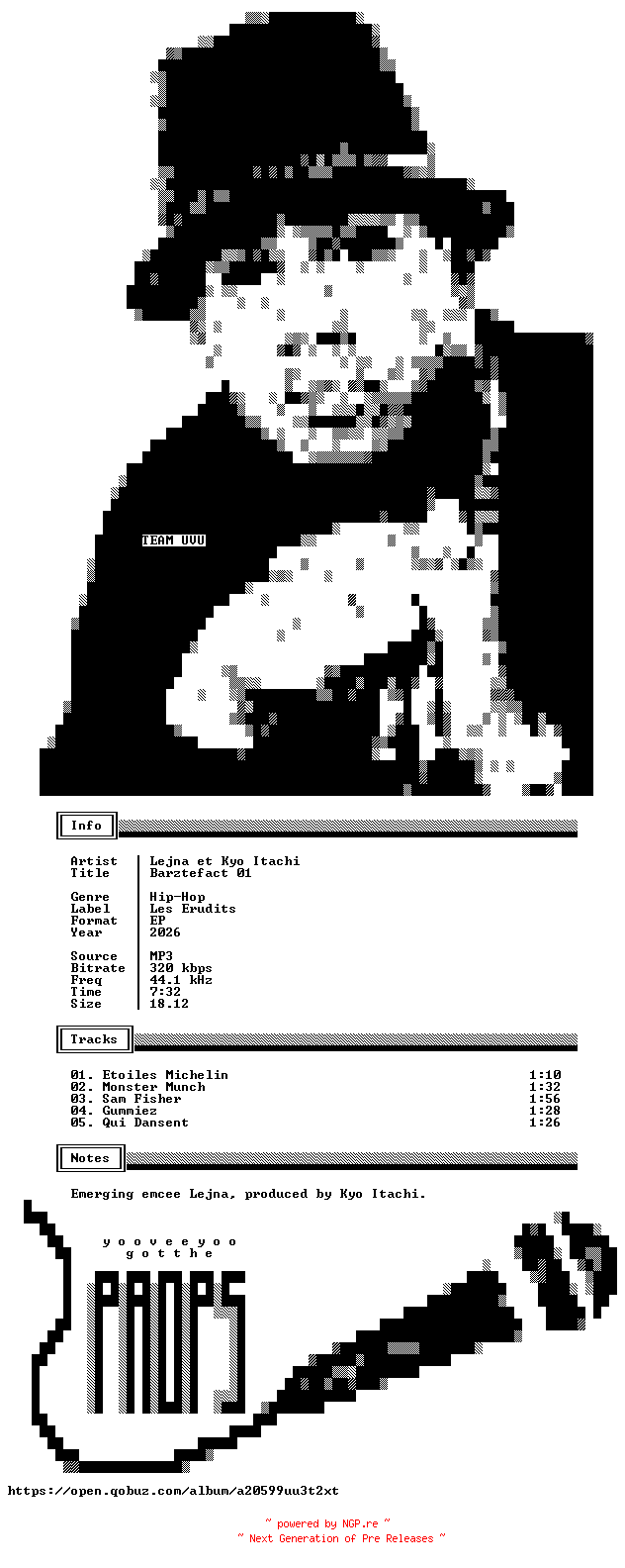 NFO for the release Lejna_et_Kyo_Itachi-Barztefact_01-EP-WEB-FR-2026-UVU by UVU