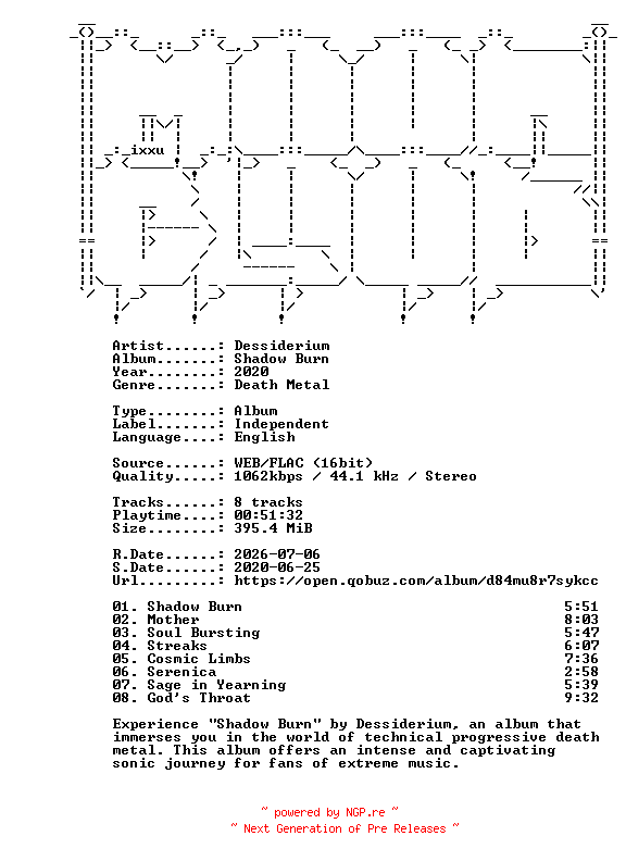 NFO for the release Dessiderium-Shadow_Burn-16BIT-WEB-FLAC-2020-MOONBLOOD by MOONBLOOD