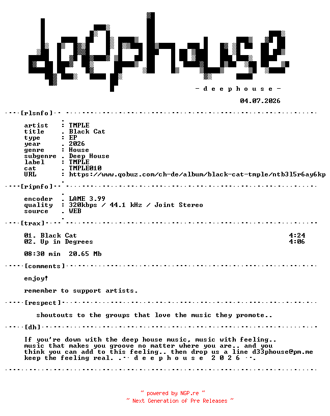 NFO for the release TMPLE--Black_Cat-(TMPLE010)-WEB-2026-dh by dh