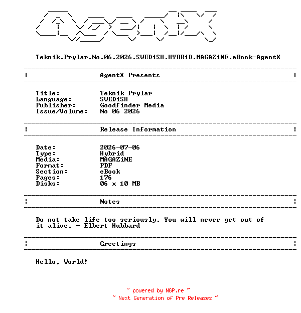 NFO for the release Teknik.Prylar.No.06.2026.SWEDiSH.HYBRiD.MAGAZiNE.eBook-AgentX by AgentX