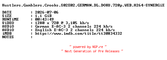 NFO for the release Hustlers.Gamblers.Crooks.S02E02.GERMAN.DL.DOKU.720p.WEB.H264-SYNERGiE by SYNERGiE