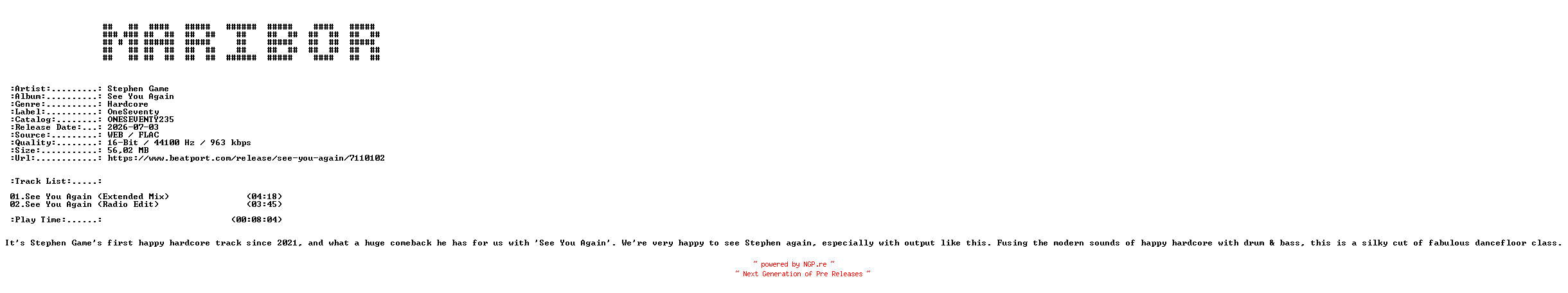 NFO for the release Stephen_Game-See_You_Again-(ONESEVENTY235)-16BIT-WEB-FLAC-2026-MARiBOR by MARiBOR