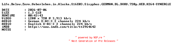 NFO for the release Life.Below.Zero.Ueberleben.in.Alaska.S16E03.Sisyphus.GERMAN.DL.DOKU.720p.WEB.H264-SYNERGiE by SYNERGiE