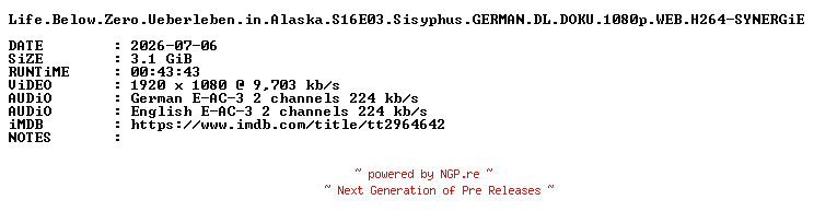 NFO for the release Life.Below.Zero.Ueberleben.in.Alaska.S16E03.Sisyphus.GERMAN.DL.DOKU.1080p.WEB.H264-SYNERGiE by SYNERGiE