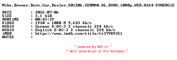 NFO for the release Mike.Brewer.Born.Car.Dealer.S01E06.GERMAN.DL.DOKU.1080p.WEB.H264-SYNERGiE by SYNERGiE